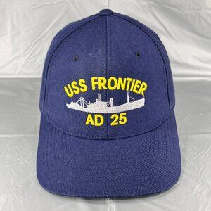 USS Frontier AD 25 Strap Back Hat Cap Bow Wake Cap Navy Blue Military Mens